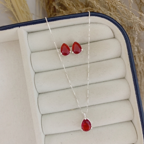 Conjunto Ponto de Luz Gota Vermelha Em Prata 925