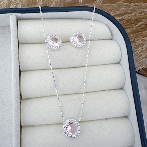 Conjunto Ponto de Luz Rosa Claro Borda Cravejada em Prata 925