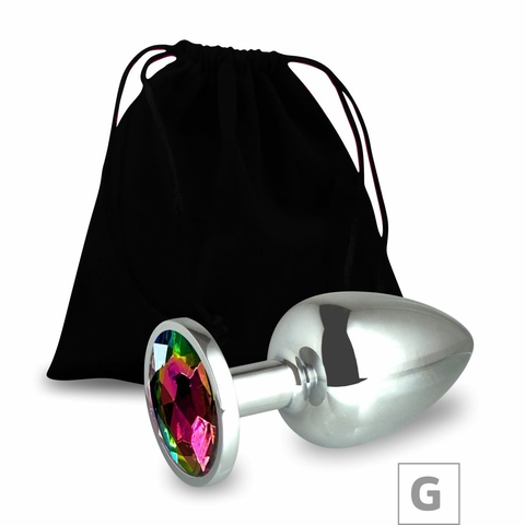 PLUG DE METAL G CROMADO COM STRASS 8CM PEDRA FRUTA COR
