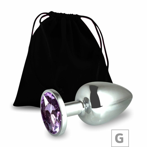 PLUG DE METAL G CROMADO COM STRASS 8CM PEDRA LILAS