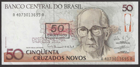 [C210] Brasil, 50 Cruzeiros (Overprint 50 Cruzados Novos / Carlos Drummond) - AA4073 - comprar online