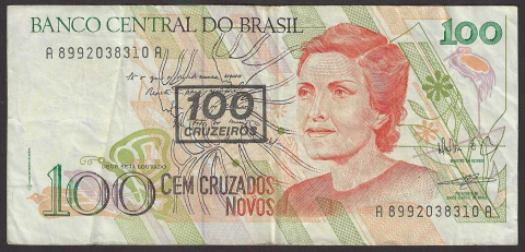 [C211] Brasil, 100 Cruzeiros (Overprint 100 Cruzados Novos - Cecília Meireles) - AA8992