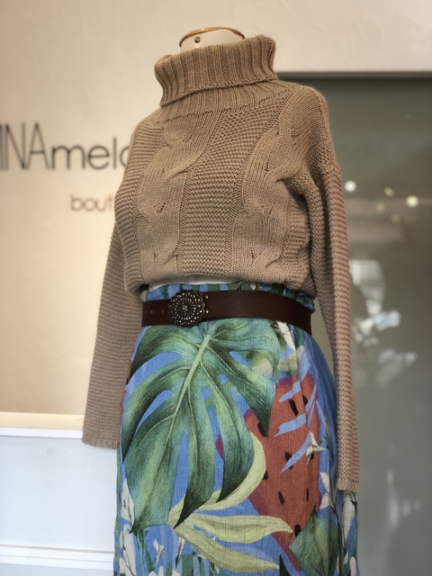 Saia midi azul estampa folhagens - comprar online