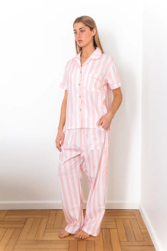 Pijama rayado rosa largo poplin - comprar online