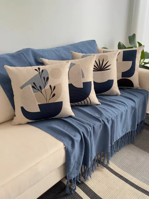 Kit 4 Capas De Almofadas C/ Aplique Boucle Moderna Azul 43cm