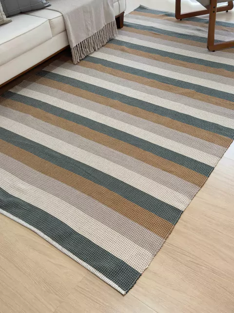 Tapete Algodão Listras Verde, Bege, Cinza, Caramelo 150x250cm