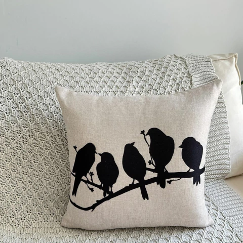 Capa de Almofada Linho Estampado Pássaros Preto Galho 43x43