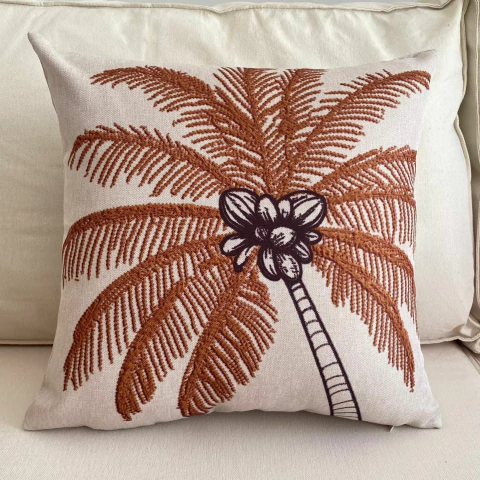 Capa de Almofada Linho Broderie Coqueiro Grande Terracota 43cm