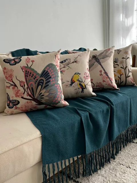 Kit 4 Capas De Almofadas Linho Borboletas No Jardim 43cm