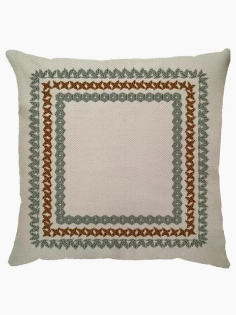 Capa de Almofada Linho Estampado Moldura Tripla Verde e Terracota 43cm - comprar online
