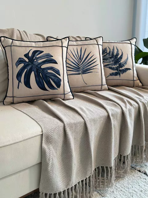 Kit 3 Capas de Almofada linho Folhas Azul 42cm