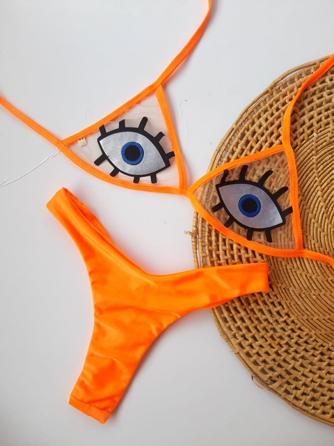 biquini olho grego laranja neon