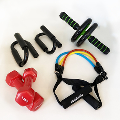 Kit fitness Rueda Abdominal + Mancuernas + Push up+ bandas resistencia