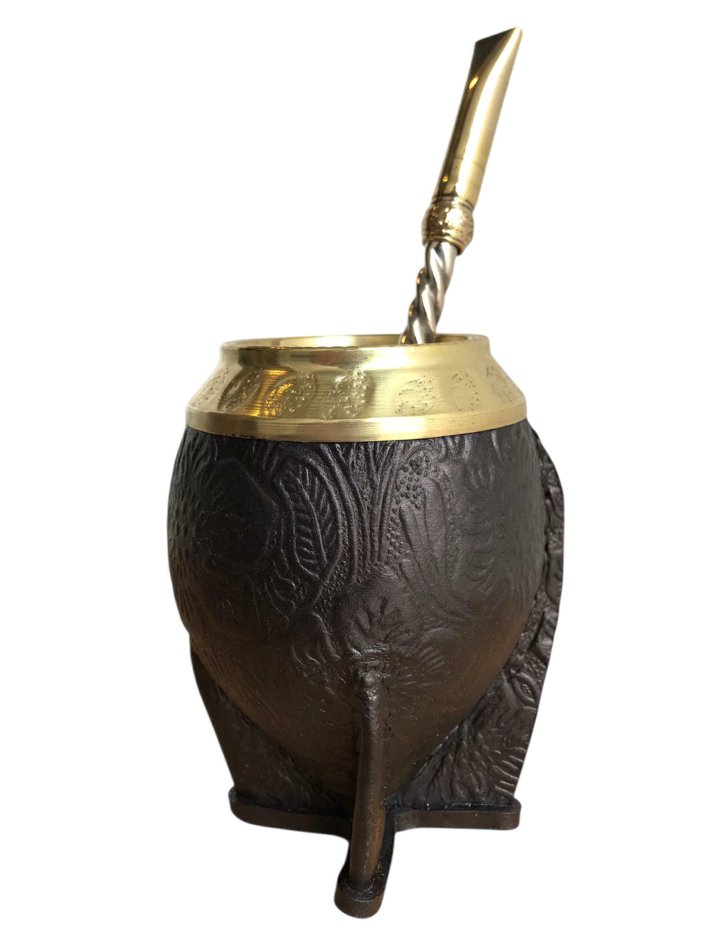 Mate torpedo uruguayo virola bronce cincelada cuero repujado