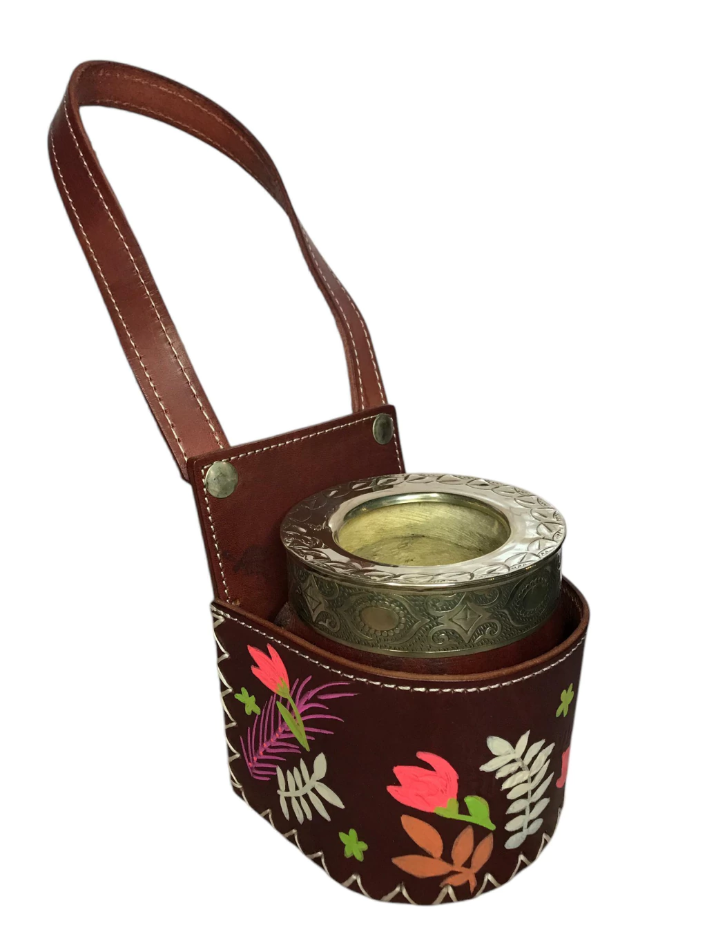 Posa mate auto cuero premium artesanal porta mate pintado a mano