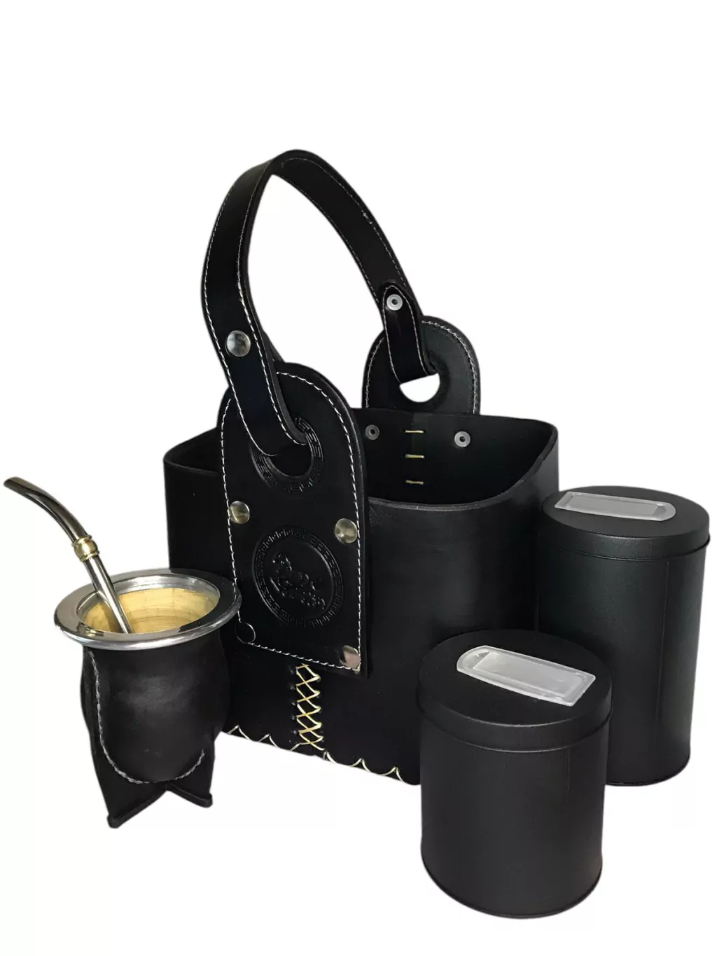 Set Matero Canasta de cuero con latas forrados + Mate camionero + Bombilla pico de loro