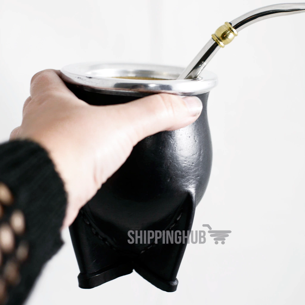 Mate de calabaza con virola de aluminio, forrado en cuero grande de boca ancha retacón camionero