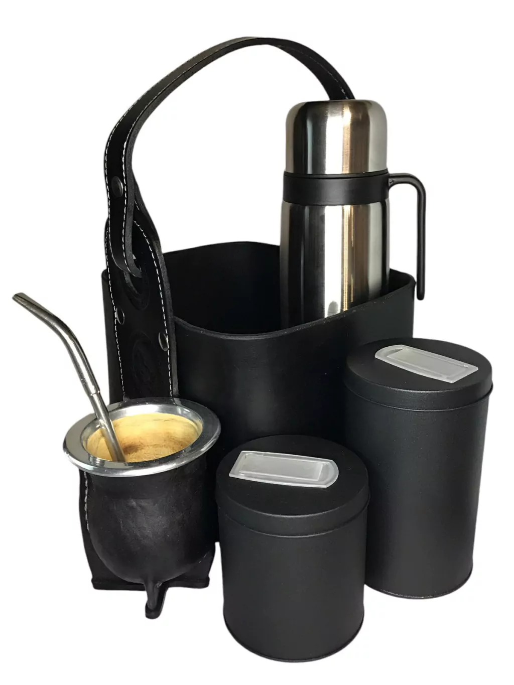 Set Matero completo cuero con termo media manija de acero pico cebador