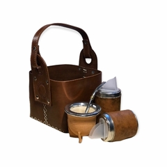 Set Matero Canasta de cuero con latas forrados + Mate camionero + Bombilla pico de loro