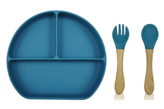 PLATO TRIPLE CON SOPAPA ANTIDESLIZANTE + CUBIERTOS (COLOR AZUL) - comprar online