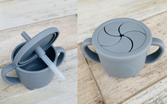 VASO DE APRENDIZAJE ANTIDERRAME + TAPA PARA SNACKS (COLOR GRIS) - Mamá Creativa