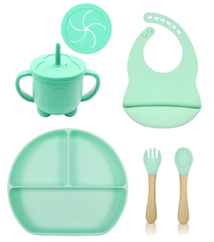 ¡COMENZAMOS A COMER! BABERO + PLATO TRIPLE CON SOPAPA ANTIDESLIZANTE + CUBIERTOS & VASO (COLOR A ELECCIÓN)