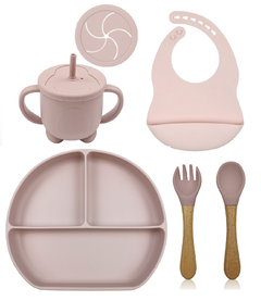 ¡COMENZAMOS A COMER! BABERO + PLATO TRIPLE CON SOPAPA ANTIDESLIZANTE + CUBIERTOS & VASO (COLOR A ELECCIÓN)