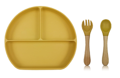 Imagen de ¡COMENZAMOS A COMER! BABERO + PLATO TRIPLE CON SOPAPA ANTIDESLIZANTE + CUBIERTOS & VASO (COLOR A ELECCIÓN)