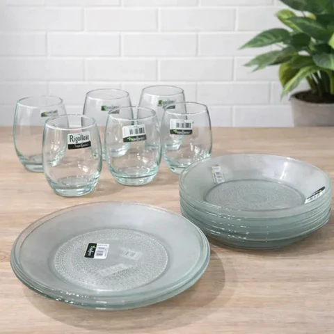 Vajilla Completa Set X18u Rigolleau Vasos + Platos De Vidrio Transparente Gourmet