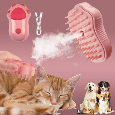 Escova de silicone rosa recarregável para animais de estimação – Escova de massagem a vapor 3 em 1 para cuidados Pet - comprar online