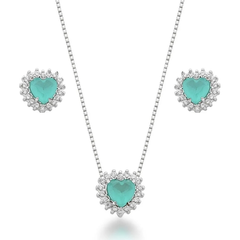 CONJUNTO CORAÇÃO VERDE CLARO CRAVEJADO CJ013 - comprar online