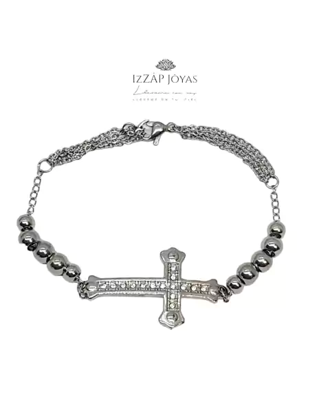Pulsera Cadena Con Cruz Brillos Central- Acero Quirurgico