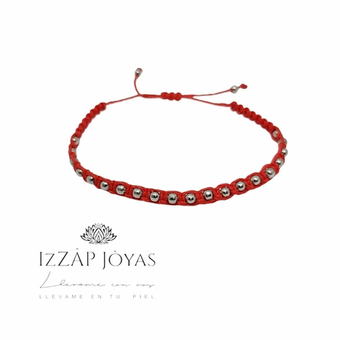Pulsera Hilo Rojo Con Bolitas Ajustable - Acero Quirurgico