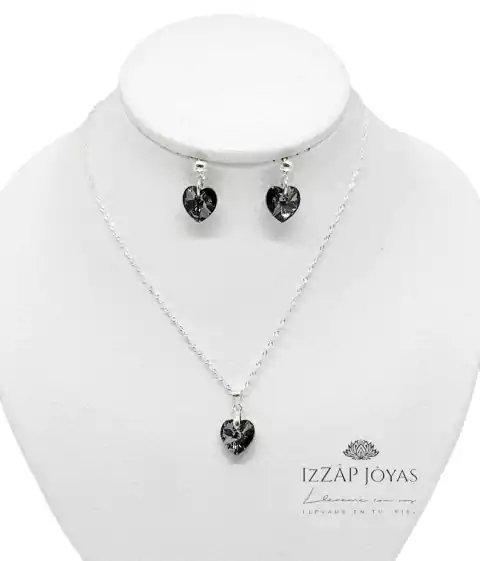 Conjunto Aros Y Collar Cristal Sw Corazon 10mm Plata - Izzap Joyas