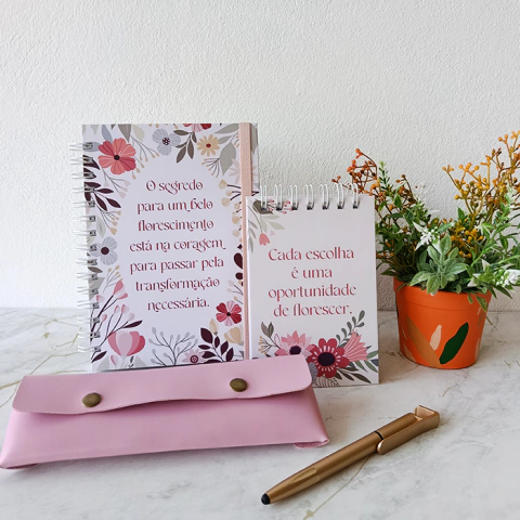 Kit Tulipa Florescer – Caderno, Bloco Checklist, Caneta e Estojo