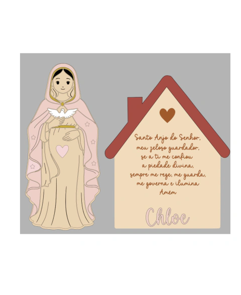 Nossa Senhora Grávida + oração Santo Anjo casinha nome do bebe + caixa presente