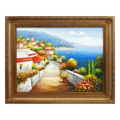Quadro Moldura Clássica Madeira 120x150cm Entalhes Paisagem Óleo Sobre Tela