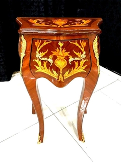 Mesa Cabeceira Marchetaria Florais Madeira Maciça 01 Gaveta