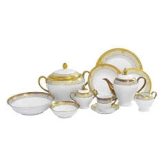 Jogo De Jantar 81 Pçs Porcelana Off White Ouro Prensado