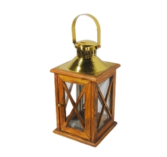 Lanterna Decorativo Madeira Quadrada C Metal Dourado