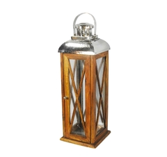 Lanterna Grande Madeira e Metal Prata Decorativo