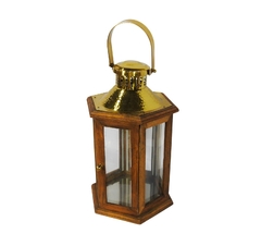 Lanterna Decorativo Sextavado Madeira E Metal Dourado