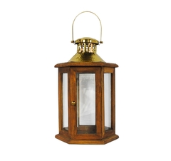 Lanterna Decorativo Sextavado Madeira E Metal Dourado - comprar online