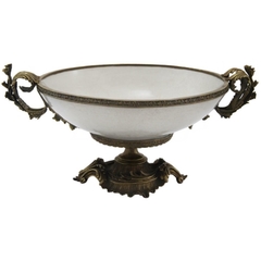 Centro De Mesa Redondo Porcelana Bege Base E Alças Em Bronze