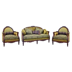 Jogo Sofa Madeira de Lei Imbuia Entalhes Artesanal Classico Tecido Bege