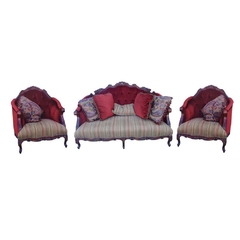 Jogo Sofa Madeira de Lei Imbuia Fazenda Entalhes Classicos Tecido Vinho