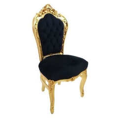 Cadeira Luiz XV Entalhado Nobre Folha Ouro Tecido Capitone Preto Luxuoso Design