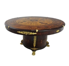 Mesa 160cm Redonda Marchetaria Fina Pés Bronze Pata Leão