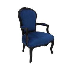 Poltrona Cadeira de Braço Tecido Azul Madeira Black Entalhado a Mão