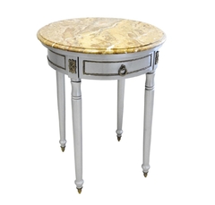 Mesa de Canto Lateral Redonda Branca c Bronze Marmore Travertino